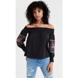 American Eagle Smocked Off the Shoulder Embroidered Top